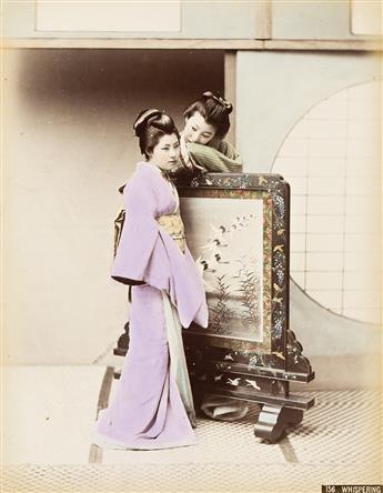 (JAPAN) A lovely Japanese album with 50 hand-colored photographs depicting geishas, lush landscapes, busy streets, and flowering garden